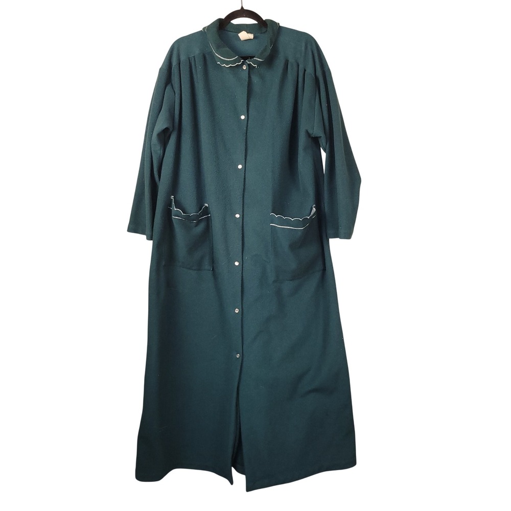 Carole Vintage Hunter Green Snap‎ Front Long Robe Scalloped Trim Medium USA